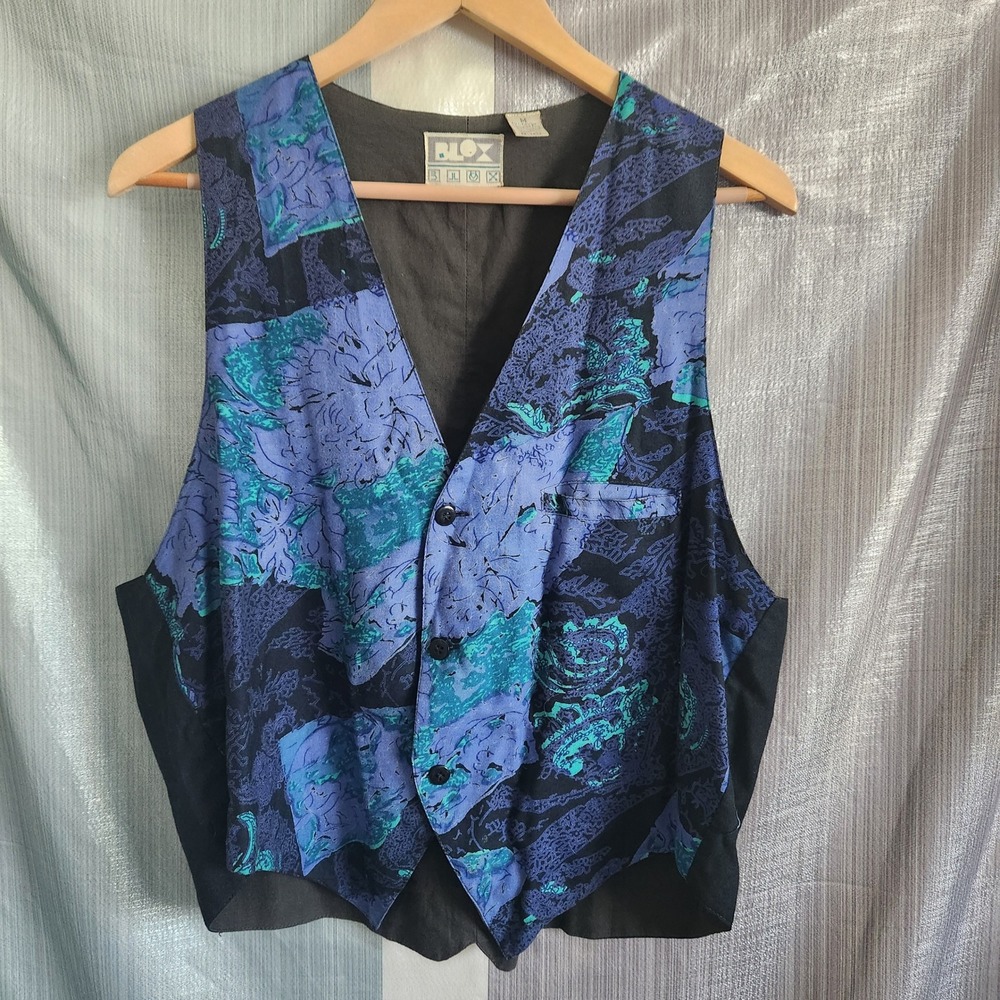 Blox Vintage Abstract Floral Button Front Vest Purple Teal Black M Indie 80s